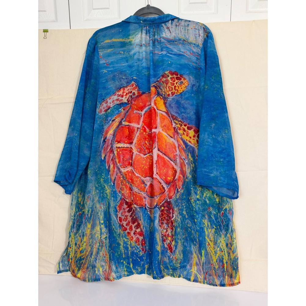 Leoma Lovegrove Sea Turtle Art Tunic Shirt Womens XL Blue Orange Button Up Long - Picture 2 of 12